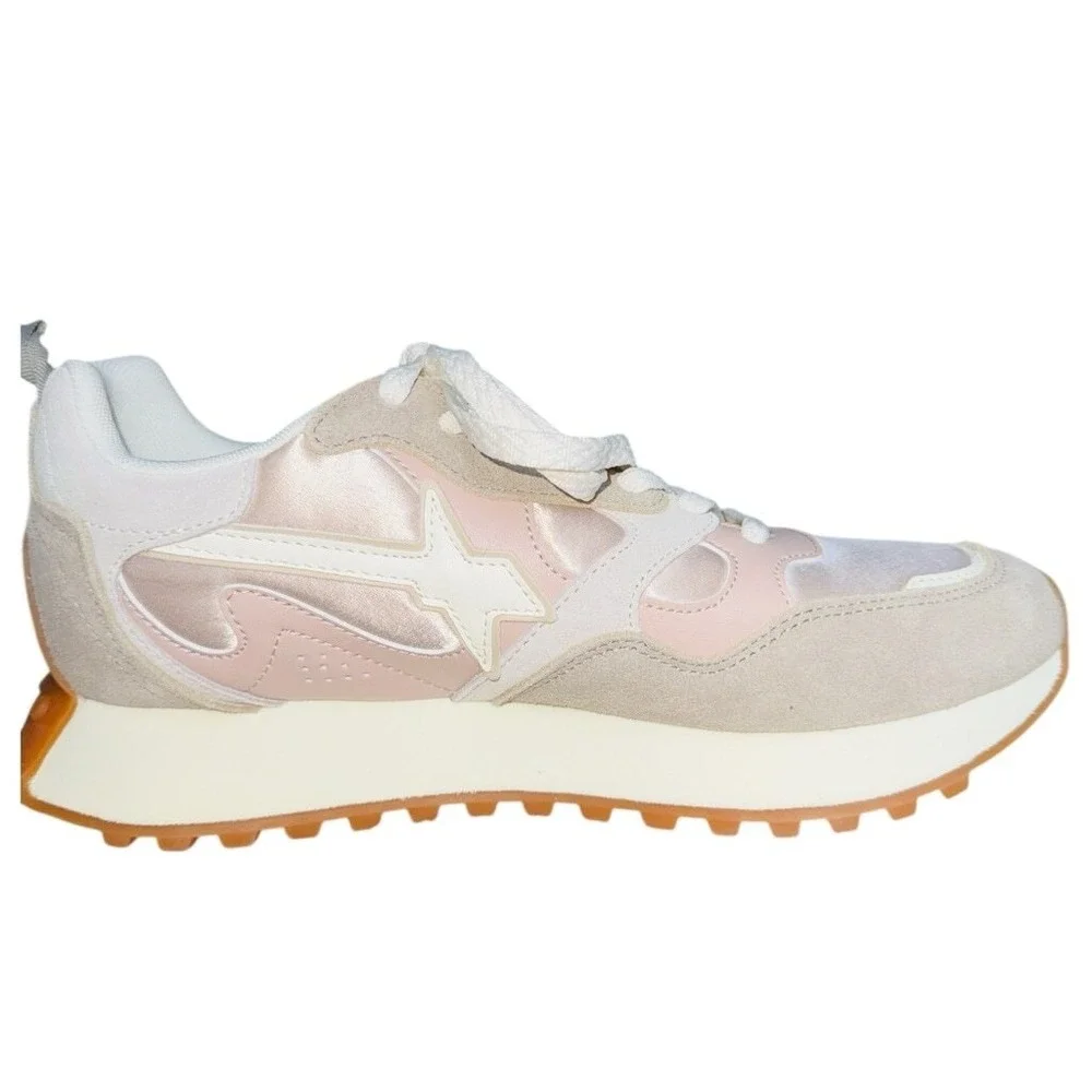 W6YZ Just Say Wizz Pink Satin Beige Suede Women's Lace Up Sneakers Size 7 NWOB